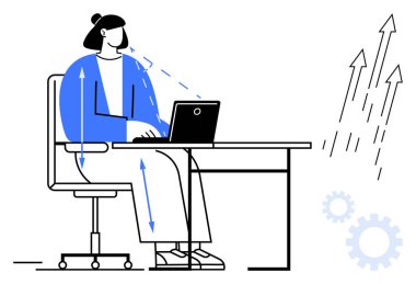 Ofis masasında oturan kişi dizüstü bilgisayar kullanıyor, gelişmeyi sembolize eden yukarı doğru oklarla çevrili. Vites simgeleri üretkenlik teması ekler. İş, büyüme, ilerleme, teknoloji ve ofis için ideal