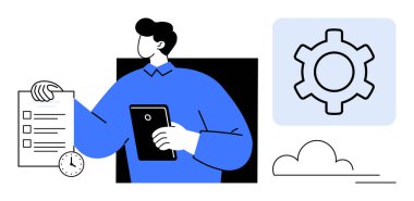 Tablet ve kontrol listesi tutan kişi, ayarlar için vites sembolü, zamanı temsil eden saat, sanal işlemler için bulut. Üretkenlik, zaman yönetimi, organizasyon, planlama, dijital araçlar için ideal