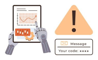 Robot eller büyüme çizelgesi, teçhizat, sürgüler, uyarı üçgeni ve güvenli mesaj içeren bir tableti inceliyor. Yapay zeka, siber güvenlik, risk, teknolojik yenilik otomasyon veri analizi için ideal