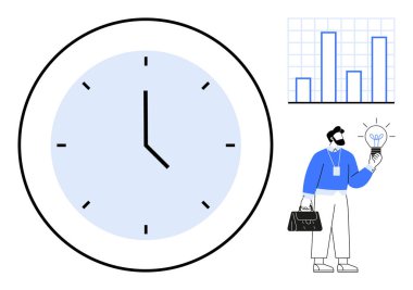 Zamanı sembolize eden büyük bir saat, ilerlemeyi gösteren bar grafiği, yenilikçi çözümler için ampul tutan bir iş adamı. Üretkenlik, yaratıcılık, planlama, verimlilik, iş büyümesi, analiz için ideal