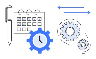 Kalem, kontrol listesi takvimi, saat ve zaman yönetimi, verimlilik, takım çalışması, otomasyon, planlama iş akışı ve üretkenliği sembolize eden birbirine bağlı vitesler. Zamanlama süreci için ideal