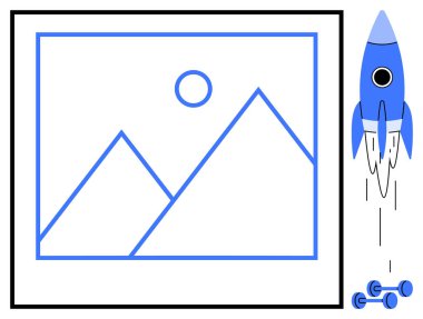 Mavi bir roket fırlatma ve küçük dambılların yanında bir çerçevede minimalist dağ resimleri. Yaratıcılık, keşif, tasarım, yenilik, teknoloji, fitness, macera, basit düz metafor