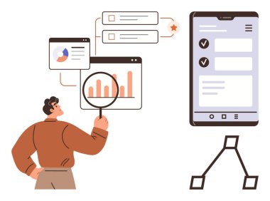 Mobil görev kontrol listesi ve karar verme çizelgesinin yanında büyüteçle grafikleri inceleyen kişi. İş stratejisi, analitik, üretkenlik, araştırma, uygulamalar, organizasyon için ideal