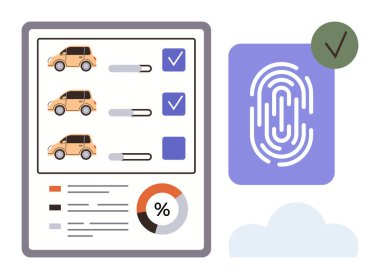 Seçenekleri, anahtarları, çizelgeleri ve parmak izi doğrulama simgesiyle dijital araba seçimi görüntüsü. Güvenlik, teknoloji, yenilik, çevrimiçi satın alma, araç seçimi fintech için ideal
