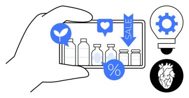 Çevre rozeti, kalp, satış etiketi ve yüzde ikonu ile çevrili akıllı telefon şişeleri ve kavanozlar. Yenilik için ampul, sağlık için kalp. E-ticaret ve sağlık sürdürülebilirliği için ideal