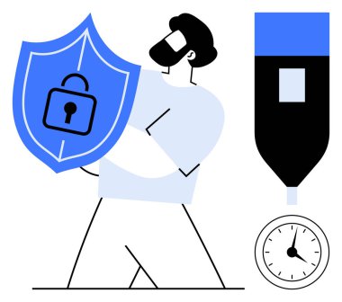 Elinde kilit simgesi, kronometre ve USB çubuğu olan bir kalkan tutan adam veri koruması, siber güvenlik, gizlilik, güvenli erişim, teknolojik çözümler ve şifrelemeyi temsil ediyor. Güvenlik bilişim gizliliği için ideal