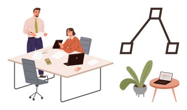 Masalarda dizüstü bilgisayar ve belgelerle çalışan profesyoneller proje yönetimini tartışıyorlar. Takım çalışması, planlama, iş stratejisi, organizasyon, iş akışı, işyeri, kurumsal sunumlar için ideal