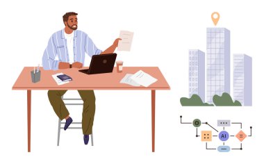 Çalışma masasındaki belgeleri dizüstü bilgisayar, kahve, yapay zeka şeması ve şehir manzarası ile değerlendirir. İşletme, yenilik, yapay zeka, uzak çalışma girişimcilik araştırma konseptleri için idealdir. Basit düz