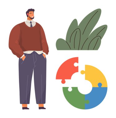 Yapraklı bitkilerin yanında duran iş elbiseli bir adam ve dört parçalı dairesel bir yapboz. Takım çalışması, işbirliği, kişisel büyüme, karar verme, problem çözme, doğa ve yenilik için idealdir. Basit.