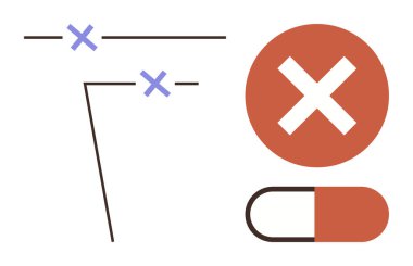 Üstü çizilmiş işaretlerin, hapların ve yasaklama işaretlerinin soyut tasviri hataları, kısıtlamaları ya da dikkati simgeliyor. Uyarı, sağlık, yasaklama, kısıtlama karar alma riski veya basit
