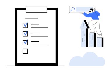 Arama çubuğu tutan yükselen bar çizelgelerinde bir kişinin yanında işaretli görevleri olan büyük bir kontrol listesi. Üretkenlik, hedef belirleme, iş büyümesi, başarılar, odaklanma, planlama, basit düz metafor