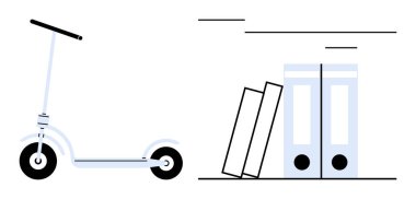 Raflardaki dizinlerin yanında modern elektrikli scooter var. Kentsel yaşam dengesi, gidiş-dönüş, çevre dostu ulaşım, çalışma alanı organizasyonu, minimalizm, üretkenlik, basit