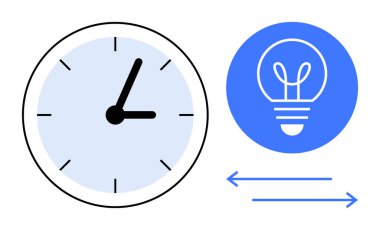 Saat, ampulün yanında zamanı temsil ediyor. Oklarla birbirine bağlı fikirleri sembolize ediyor. Üretkenlik, yaratıcılık, yenilik, iş akışı, planlama, verimlilik için ideal, basit iniş sayfası