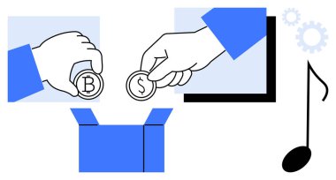 Bitcoin ve dolar bozukluklarını bir kutuya koyup, vites, ekran ve müzik notalarıyla takas etmek. Finans, ticaret, engelleme zinciri, kripto para birimi yenilik teknolojisi için ideal. Basit.