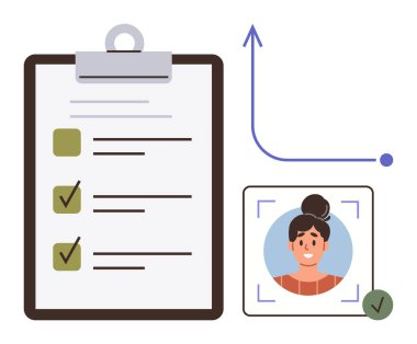 İşaretli listeli pano, doğrulama işaretli avatar, yukarı doğru ok. Üretkenlik, performans izleme, kullanıcı kimlik denetimi, görev yönetimi, ilerleme izleme, HR için ideal