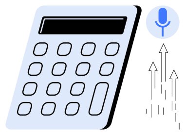Düğmeli hesap makinesi, ses girdisini gösteren mikrofon simgesi ve yukarı doğru büyümeyi, gelişmeyi ve ilerlemeyi sembolize eden oklar. Teknoloji, yenilik, analiz, üretkenlik otomasyonu için ideal