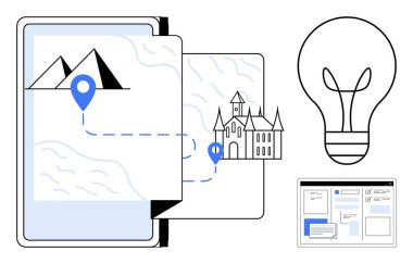 Dağ, lokasyon iğnesi ve şatonun mavi yola bağlı olduğu açık bir harita. Ampul ve planlama arayüzü de dahil. Seyahat, gezinti, keşif, yaratıcılık, fikirler teknolojisi için ideal