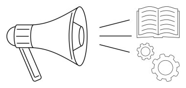 Açık bir kitap ve dişlilere ses dalgaları yansıtan megafon iletişim, öğrenme ve süreci sembolize ediyor. Pazarlama, eğitim, takım çalışması, yenilik, strateji yaratıcılığı için ideal basit