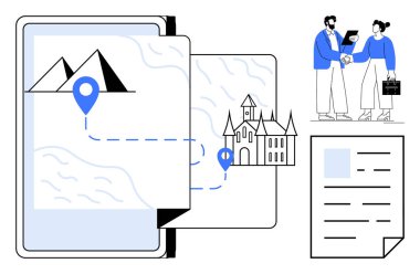 Dağdaki ve kaledeki konum işaretlerini gösteren harita kitaptan açılıyor, iş adamları el sıkışıyor, belgeler. Seyahat, planlama, ortaklık, keşif, strateji, bağlantı için ideal basit
