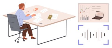 Kitaplar, kağıtlar, dizüstü bilgisayarlar, çizelgeler ve grafiklerle çalışan bir adam. Üretkenlik, iş planlaması, veri analizi araştırma stratejisi eğitim teknolojisi için idealdir. Basit düz metafor