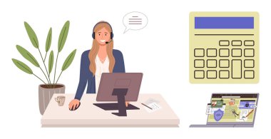 Masasında kulaklık ve bilgisayar kullanan profesyonel bir kadın. Yakınındaki hesap makinesi ve laptopuyla iş akışını gösteriyor. Müşteri hizmetleri, uzaktan çalışma, iş teknolojileri ve verimlilik için ideal
