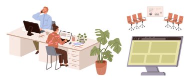 Aygıtlar ve bitkilerle aynı masada çalışan meslektaşlar, toplantı alanında sandalyeler, ekrandaki düzeni izlemek. Takım çalışması, işyeri, işbirliği, toplantı, üretkenlik, sunum için ideal basit