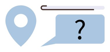 Mavi lokasyon iğnesi, soru işareti olan konuşma balonu ve yatay çubuğu araştırma, navigasyon, iletişim ve yardım fikirlerini akla getiriyor. Müşteri desteği, harita hizmetleri ve bilgi için ideal