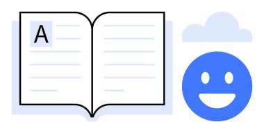 Görünür metin, mavi gülen yüz ve bulut özeti olan açık bir kitap. Eğitim, okuma, yaratıcılık, öğrenme, pozitiflik, dijital platformlar için ideal basit iniş sayfası