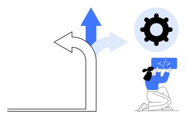 Kod bloğu olan bir kadın, seçenekleri gösteren bir ok, operasyonlar için vites ve ilerleme sembolleri. Teknoloji, karar verme, geliştirme, eğitim, yenilik için ideal iş akışı basit iniş sayfası