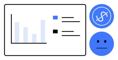 Etiketli verileri olan bar tablosu, finans gösteren mavi dolar işareti simgesi ve geri bildirim için tarafsız yüz simgesi. Veri analizi, istatistik, finans, geri bildirim, performans değerlendirmesi ve iş dünyası için ideal