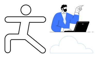 Takım elbiseli bir adam dizüstü bilgisayarın yakınını işaret ediyor yoga, dengeyi sembolize eden bir ikon, adaptasyonu en aza indirgeyen bir bulut. Liderlik, denge, adaptasyon, farkındalık ve dijital için ideal