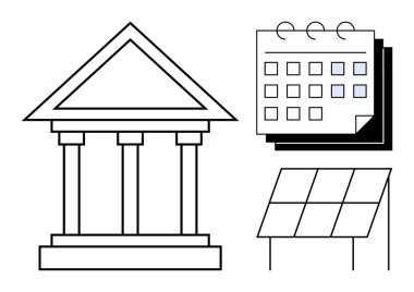 Sütunları, duvar takvimi ve güneş paneli olan bir hükümet binası. Yönetim, planlama, yeşil enerji, sürdürülebilirlik, zaman yönetimi çevre politikası ve yenilenebilir enerji için ideal. Basit.