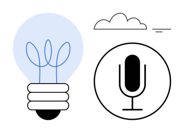 Kablolu ampul ve daire şeklinde bir mikrofon. Yanında da bulut ve çizgiler. Yaratıcılık, yenilik, iletişim, teknoloji, beyin fırtınası, ses üretimi ve basit