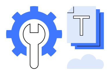 İngiliz anahtarı ile dişli araçlar ve ayarlar, metin dosyaları belgeleri temsil eder ve bulut simgesi çevrimiçi depolama veya paylaşma anlamına gelir. Teknoloji, belge düzenleme, dosya yönetimi ve sistem için ideal