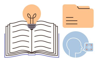 Parlayan bir ampul, bir belge klasörü ve konuşan birinin profili olan açık bir kitap. Eğitim, öğrenme, yaratıcılık, veri, bilgi paylaşımı, yenilik ve iletişim için idealdir. Basit.