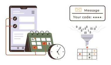 Akıllı telefon arayüzü, takvim, saat, mesaj kodu, veri bacası şebekeye. Zamanlama, zaman yönetimi, otomasyon, bildirimler, verimlilik işleme araçları için ideal basit düz metafor