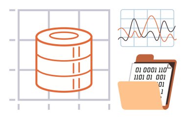 Izgara arkaplanındaki veritabanı simgesi, ikili kodlu dizin ve veri eğilimlerini görselleştirme grafiği. Veri yönetimi, analitik, dijital ekonomi, kodlama, makine öğrenme, bulut depolama için ideal