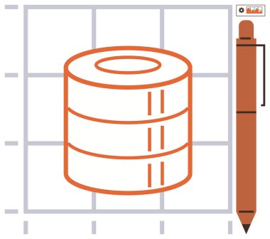 Veritabanı silindiri şebeke arka planında kalem yönetimi, analiz ve organizasyonu sembolize ediyor. Teknoloji, depolama sistemleri, büyük veri, programlama, analitik ve dijital yönetim için ideal