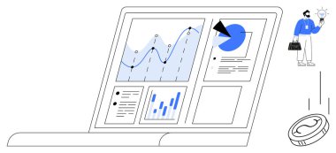 Dizüstü bilgisayarda analizler çizgi grafik, pasta grafiği, bar grafiği ve raporlarla gösterilirken, iş adamı da düşen bir madeni paranın yanında ampul tutuyor. Analiz, finans, yenilik ve verimlilik için ideal