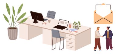 Masalar, dizüstü bilgisayarlar ve bitkilerle birlikte el sıkışma ve e-posta zarfı elemanları. Takım çalışması, işbirliği, iletişim, üretkenlik, iş ortaklığı, işyeri kültürü için ideal