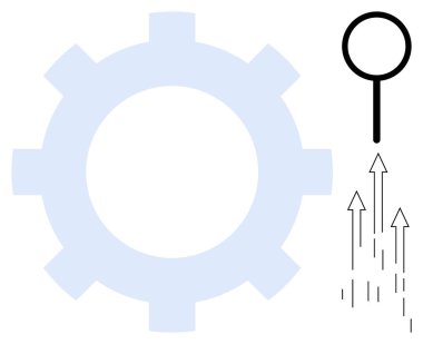 Sistemlerin sembolü olarak vites, analiz için büyüteç ve büyüme için yukarı ok. Yenilik için ideal, verimlilik, verimlilik, gelişme, strateji yaratıcılığı başarısı. Basit düz