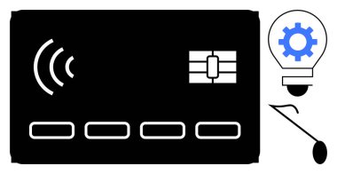 Çipli ve ikonsuz siyah ödeme kartı. Yenilik ve teknoloji için ampulün içini donatın. Fintech, nakitsiz ödeme, e-ticaret, bankacılık, teknolojik çözümler, yaratıcılık, basit