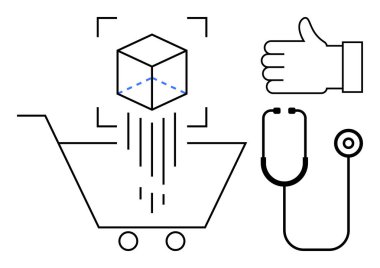 Alışveriş arabasına giren küp, baş parmak işareti, e-ticareti, kaliteyi ve sağlık denetimini temsil eden steteskop. Çevrimiçi alışveriş, ürün kalitesi, lojistik, sağlık hizmetleri dijital araçları için ideal