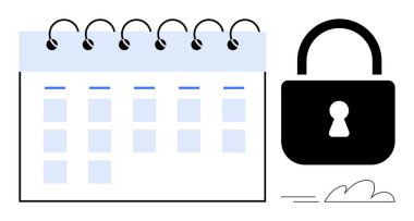 Bir kilidin yanına işaretlenmiş tarihleri olan spiral takvimi aç. Zaman yönetimi, mahremiyet, güvenlik, içerik zamanlaması, veri koruması, erişim kontrolü, basit düz metafor