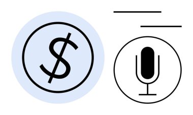 Dairesel dolar simgesi mikrofon simgesi ile eşleştirilmiş, minimalist çizgiler basitliği ve odaklanmayı gösteriyor. Finans, podcast, ses pazarlama, e-ticaret, ödeme sistemleri, ses arama, basit