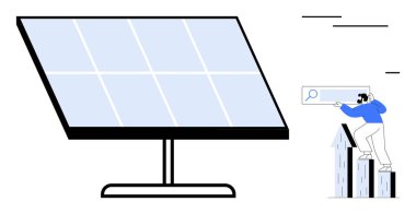 Güneş paneli yeşil enerjiyi temsil eden dik duruyor. Büyüme çubuğundaki adam veri içgörüleri arıyor, sürdürülebilirliği, yeniliği ve ilerlemeyi sembolize ediyor. Enerji, çevre ve teknoloji için ideal
