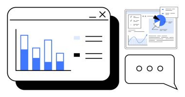 Çubuk grafik, pasta tablosu, mesaj baloncuğu analitikleri, takım çalışmasını, raporu, ilerleme takibini vurguluyor. İş, teknoloji, iletişim işbirliği stratejisi için ideal. Basit bir iniş sayfası.