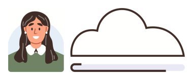 Yükleme çubuğuyla birlikte bulut grafiğinin yanındaki kadın portresi yükleme sürecini gösteriyor. Teknoloji, dijital depolama, bulut hesaplama, kullanıcı hesapları, ağ oluşturma, güvenlik, veri, basit düz