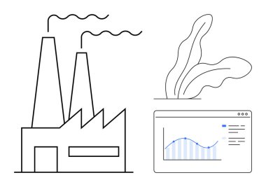 Bacaları duman çıkaran fabrika, tarayıcı penceresine dijital analitik çizelge ve soyut bitki. Endüstri, veri analizi, sürdürülebilirlik, çevre, yenilik, iş büyümesi için ideal