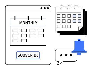 Bir tarayıcı penceresinde aylık takvim, istiflenmiş takvimler, bildirim zili ve sohbet balonu renklendirme aboneliği planlama. Zamanlama, abonelik, anımsatıcı, bildirim için ideal